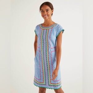 Boden Laura Linen Embroidered Shift Dress in light chambray Size 2